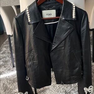 Fendi Black Leather Jacket with Pearl Details
